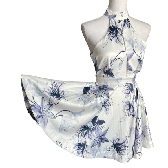 Floral Halter Neck Mini Dress - White and Blue - Picture 3 of 16